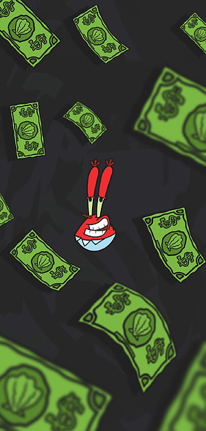 Mr. Krabs Cartoon Character Surrounded by Falling Green Dollar Bills on Dark Background HD phone wallpaper