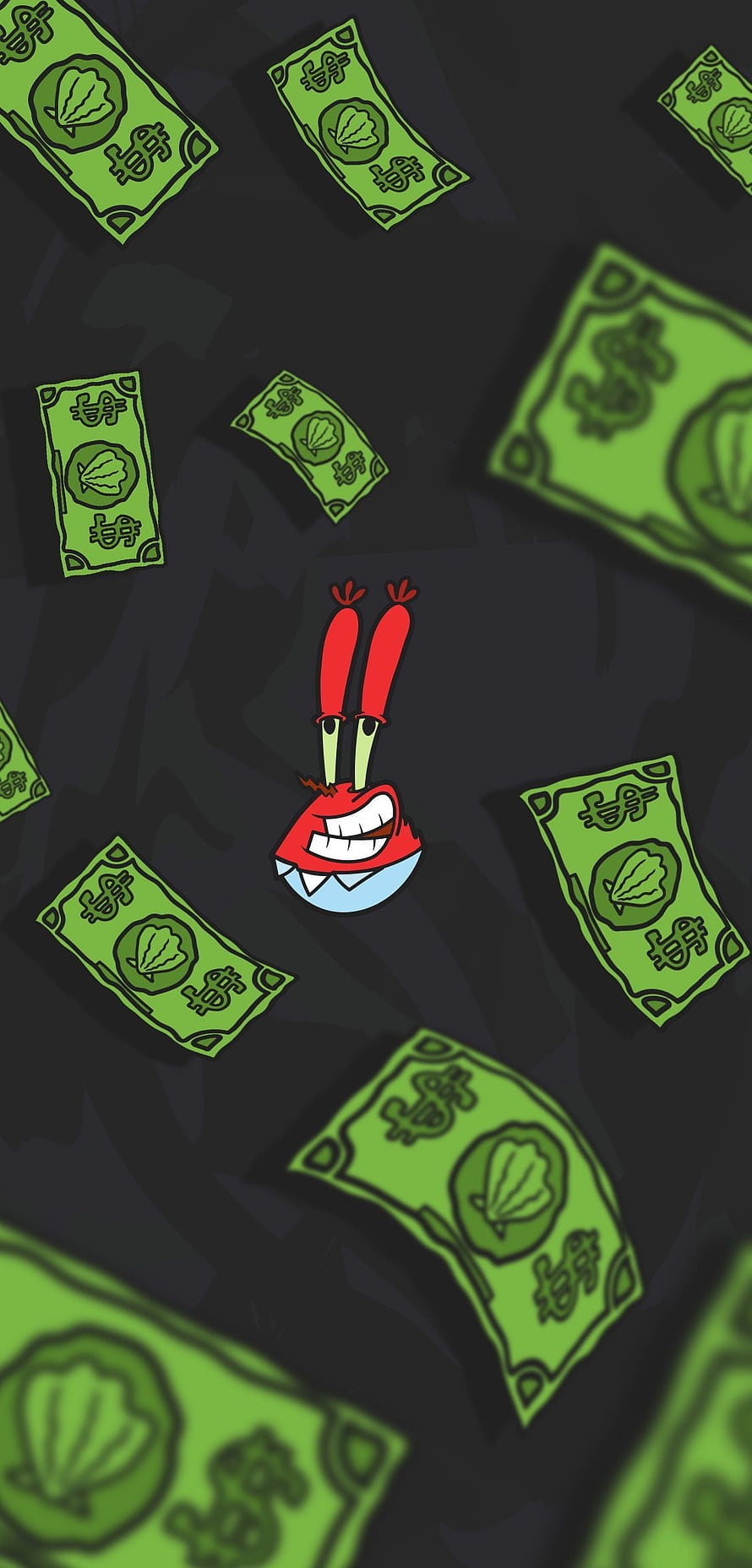 Mr. Krabs Cartoon Character Surrounded by Falling Green Dollar Bills on Dark Background HD phone wallpaper