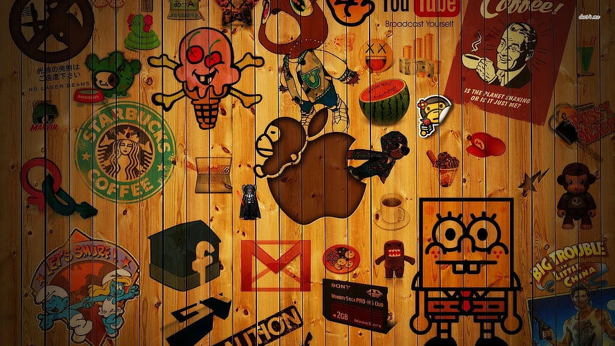Apple Logo Sticker Collage on Rustic Wooden Panel with Pop Culture Icons HD wallpaper