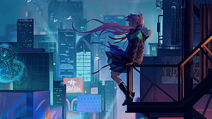 Anime Girl With Pink Hair Standing On Fire Escape In Neon Cyberpunk City HD wallpaper