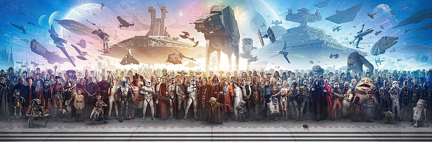 Star Wars The Complete Saga Character Ensemble With Spaceships And AT-AT Walkers HD wallpaper