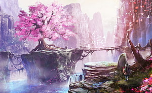 Fantasy Landscape with Cherry Blossom Tree and Suspension Bridge HD wallpaper