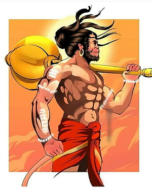Muscular Hanuman Holding Golden Mace Against Orange Sky, Lord hanuman, art HD phone wallpaper
