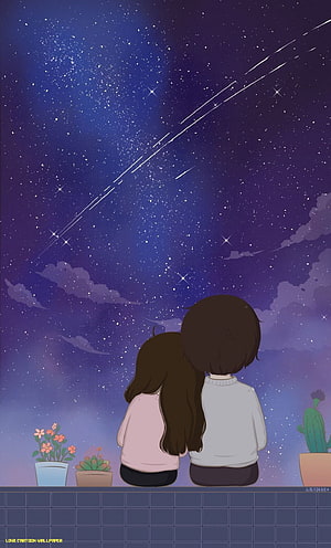 Couple Watching Shooting Stars on Balcony at Night Anime Style Wallpaper HD phone wallpaper