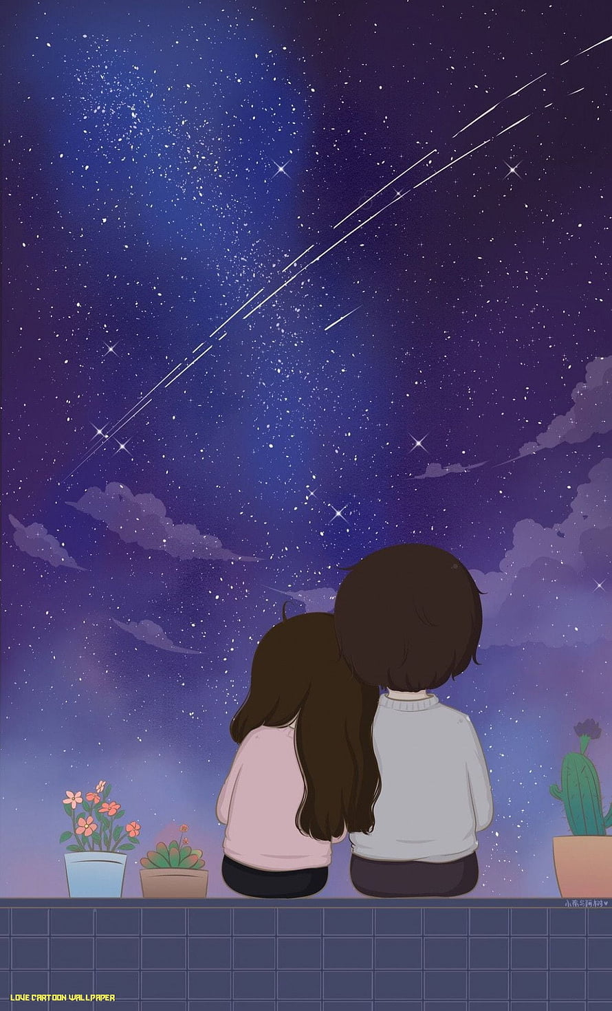 Couple Watching Shooting Stars on Balcony at Night Anime Style Wallpaper HD phone wallpaper