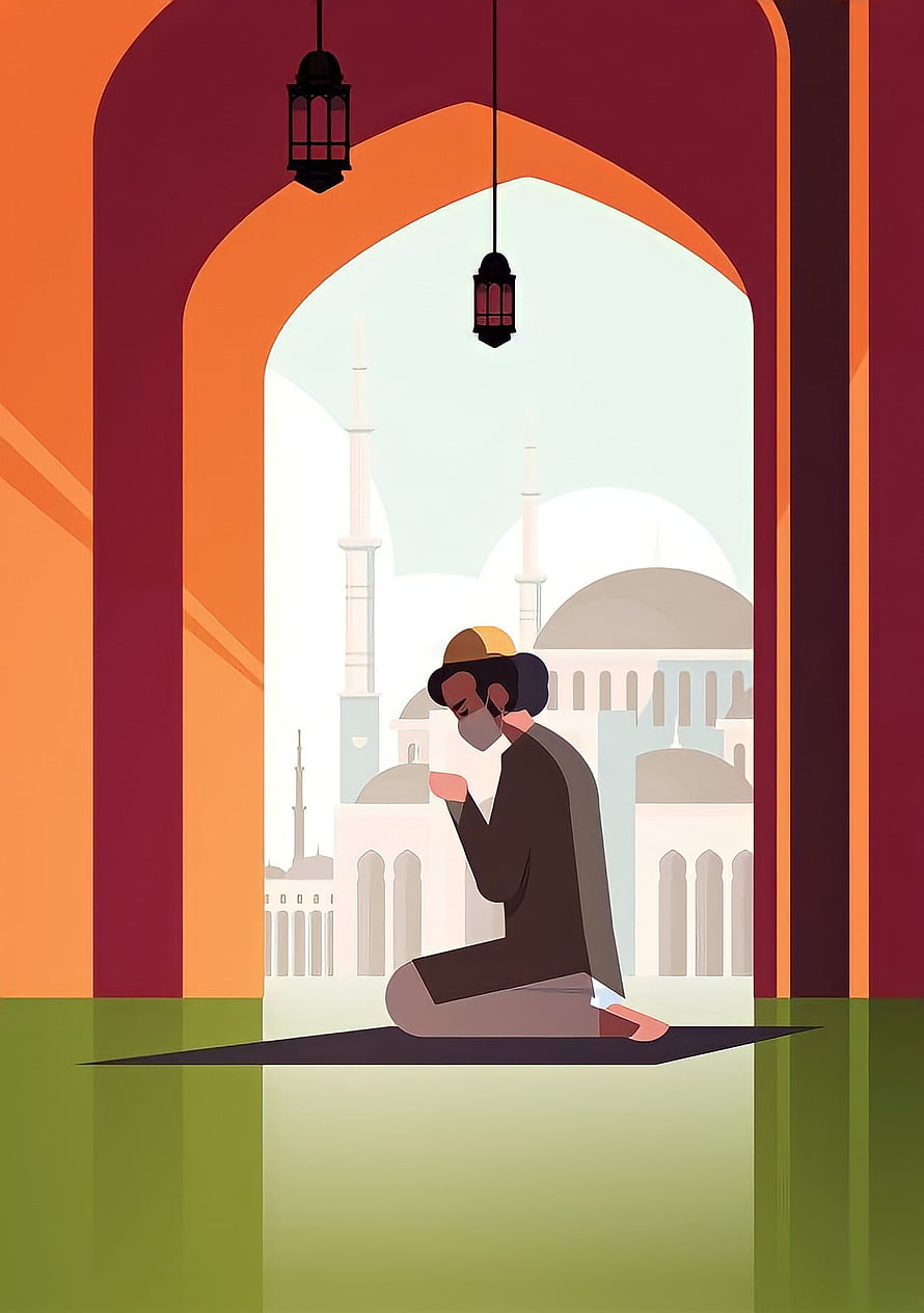 Muslim man in prayer inside an arched mosque with domes and minarets in the background, Islamic, Praying, art, vector art, muslim boy praying, muslim HD phone wallpaper