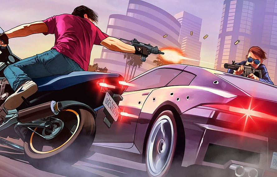 Grand Theft Auto V Motorcycle and Sports Car Gunfight in City HD wallpaper