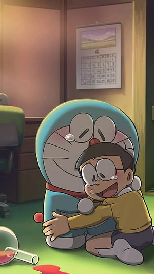 Doraemon and Nobita Hugging in a Warm Room with Spilled Potion HD phone wallpaper