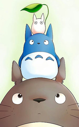 Totoro Family Stacked with Leaf Hat in Soft Studio Ghibli Style HD phone wallpaper
