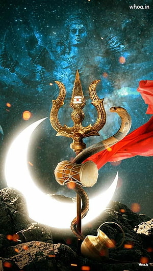 Lord Shiva with Trishul, Crescent Moon, and Snake in Cosmic Setting HD phone wallpaper