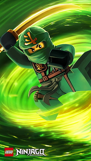 Lloyd the Green Ninja from LEGO Ninjago Masters of Spinjitzu in Dynamic Action Pose HD phone wallpaper