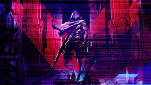 Omen from Valorant in a neon-lit cyberpunk corridor with glitch effects HD wallpaper