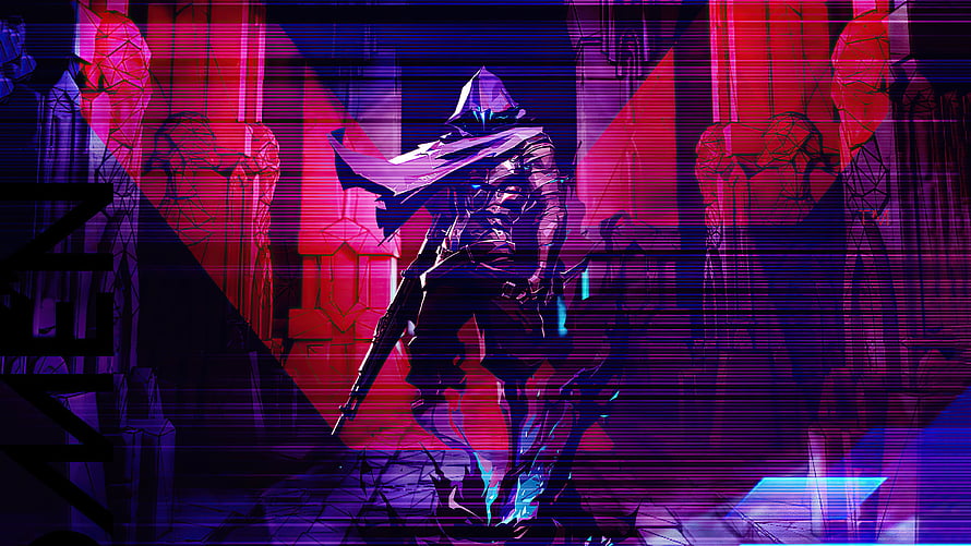 Omen from Valorant in a neon-lit cyberpunk corridor with glitch effects HD wallpaper