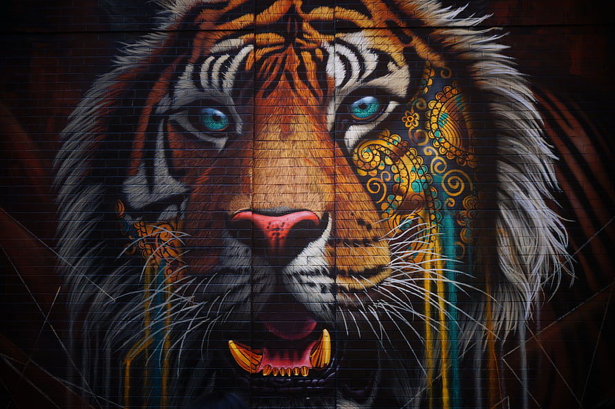 Vibrant Tiger Street Art Mural with Ornate Patterns and Blue Eyes HD wallpaper