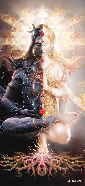 Divine Shiva and Shakti Meditation Artwork with Chakras and Sacred Geometry HD phone wallpaper