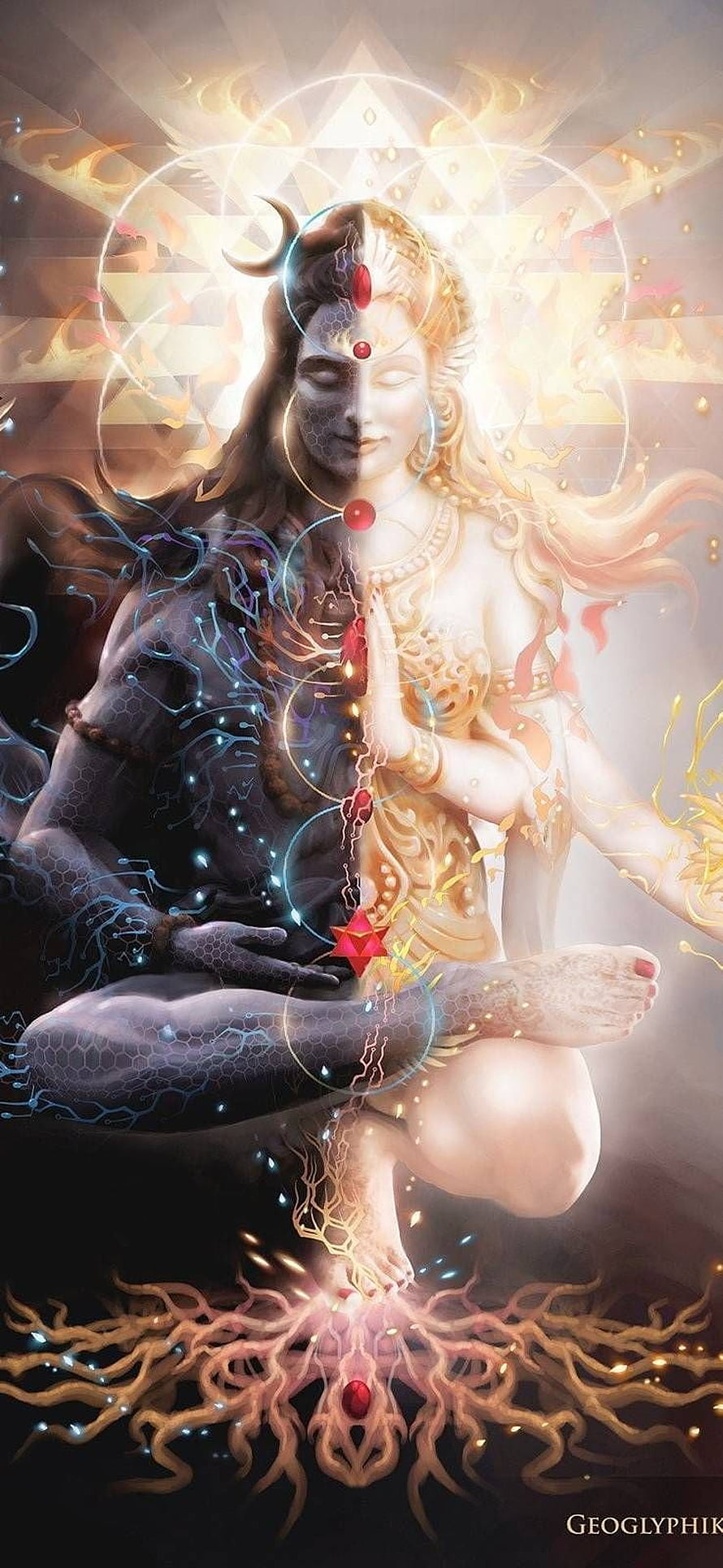 Divine Shiva and Shakti Meditation Artwork with Chakras and Sacred Geometry HD phone wallpaper