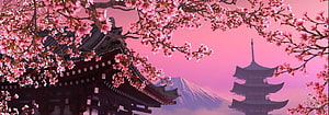 Cherry Blossoms Framing Japanese Temple, Pagoda, and Mount Fuji in Pink Haze HD wallpaper