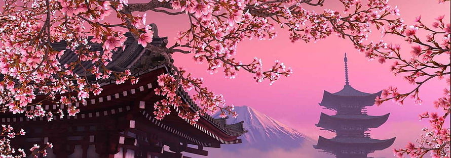 Cherry Blossoms Framing Japanese Temple, Pagoda, and Mount Fuji in Pink Haze HD wallpaper