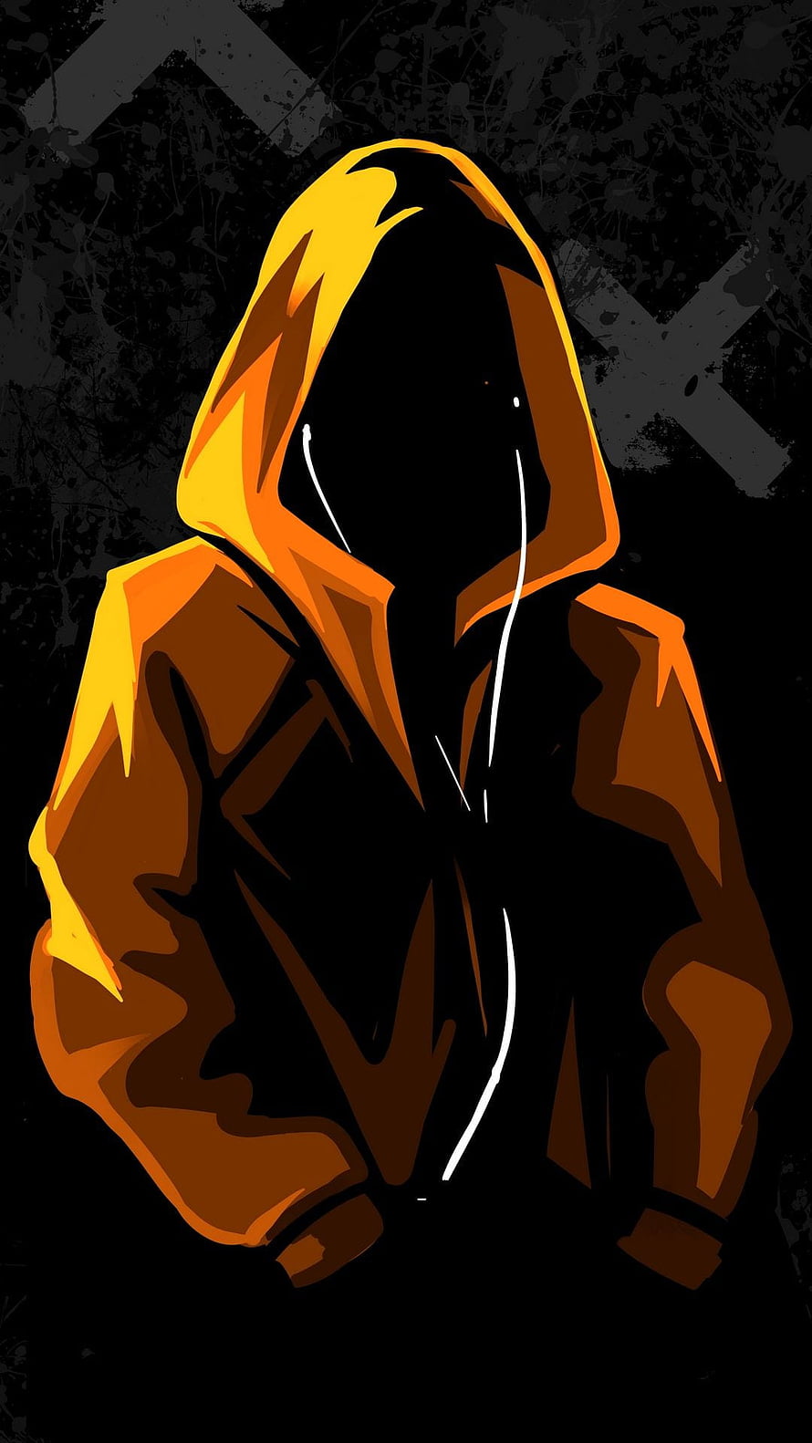 Mysterious Hooded Figure in Vibrant Orange and Black Pop Art Style HD phone wallpaper