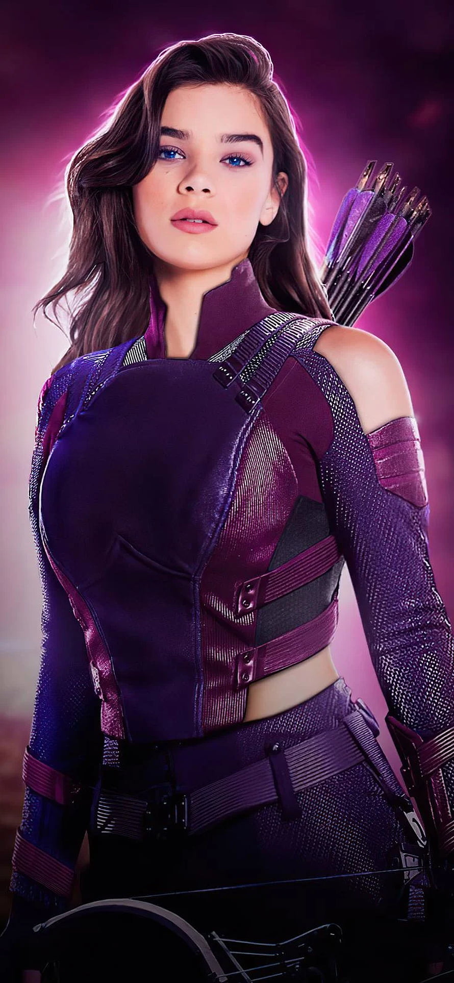 Kate Bishop in purple tactical archer suit with quiver and bow HD phone wallpaper