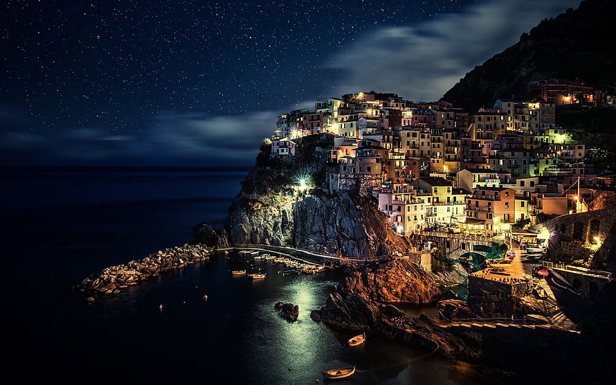 Vernazza Cinque Terre Italy Night Skyline with Starry Sky and Illuminated Coastal Village HD wallpaper