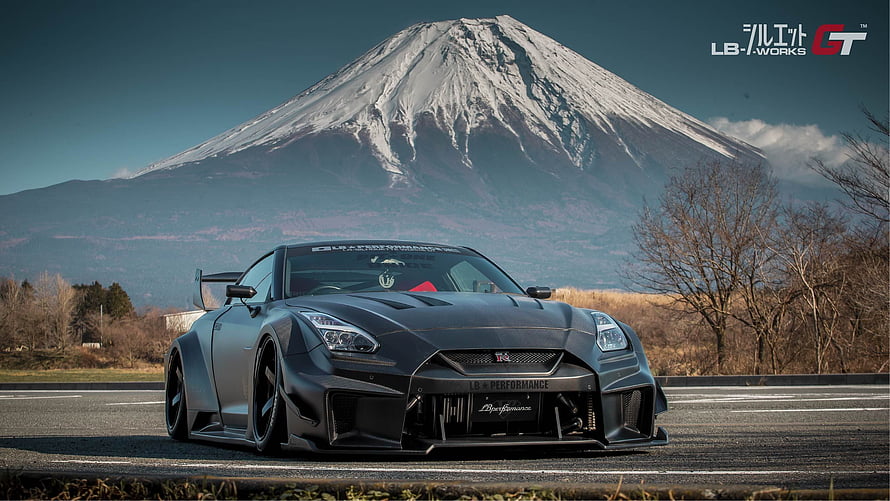 Liberty Walk Nissan GT-R Silhouette Widebody Kit Parked Before Snow-Capped Mount Fuji HD wallpaper