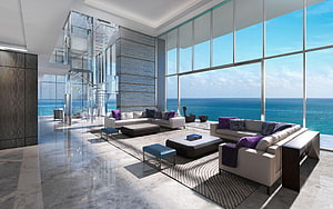 Modern Luxury Living Room With Floor To Ceiling Windows And Ocean View HD wallpaper