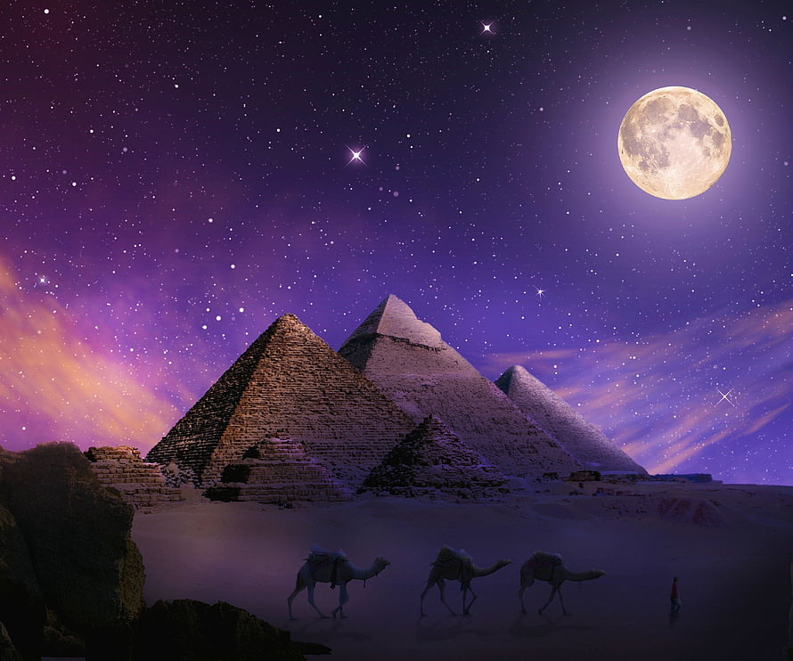 Giza Pyramids Under a Starry Night Sky with Full Moon and Camel Caravan in the Desert HD wallpaper