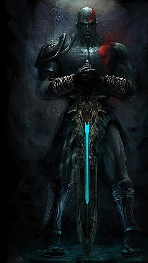 Kratos from God of War Standing with Glowing Blue Sword in Dark Fantasy Art HD phone wallpaper