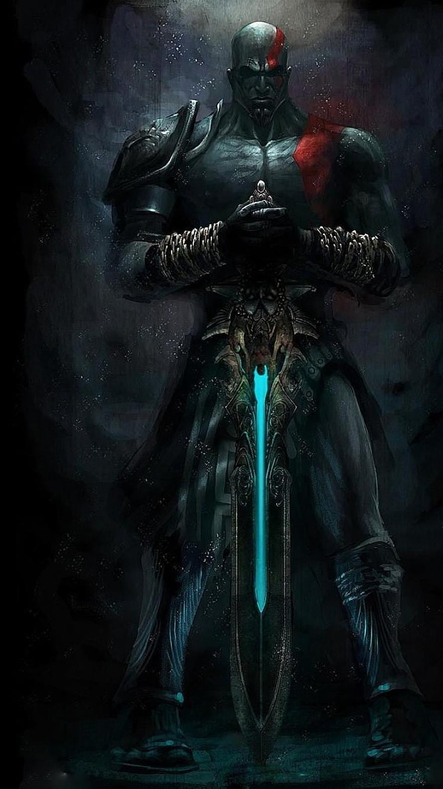 Kratos from God of War Standing with Glowing Blue Sword in Dark Fantasy Art HD phone wallpaper