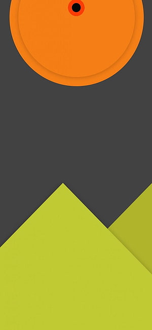 Minimalist Geometric Wallpaper with Orange Circle and Green Triangles on Dark Background HD phone wallpaper