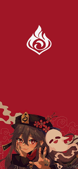 Hu Tao Genshin Impact Anime Character Wallpaper With Pyro Emblem And Red Background HD phone wallpaper
