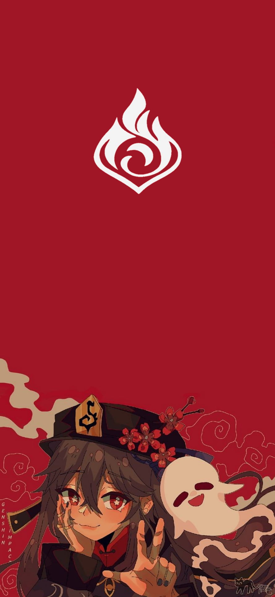 Hu Tao Genshin Impact Anime Character Wallpaper With Pyro Emblem And Red Background HD phone wallpaper