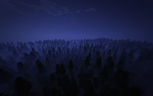 Minecraft Nighttime Forest Landscape with Misty Blue Sky and Dense Tree Canopy HD wallpaper