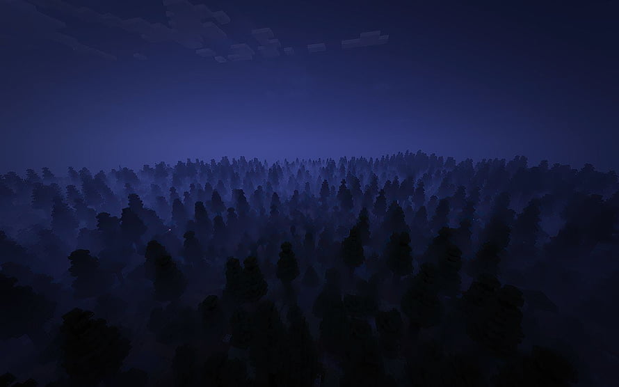Minecraft Nighttime Forest Landscape with Misty Blue Sky and Dense Tree Canopy HD wallpaper