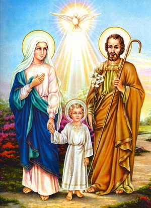 Holy Family Religious Artwork Featuring Mary Joseph and Young Jesus with Dove HD phone wallpaper