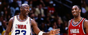Michael Jordan and Kobe Bryant Celebrating Together on the NBA Court HD wallpaper