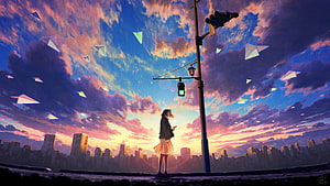Anime Girl Standing Under Traffic Light With Floating Paper Planes at Sunset HD wallpaper