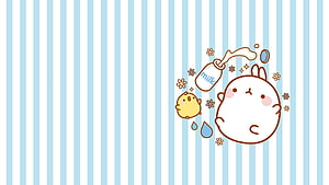 Cute Molang Rabbit and Duckling Drinking Milk on Blue Striped Background HD wallpaper