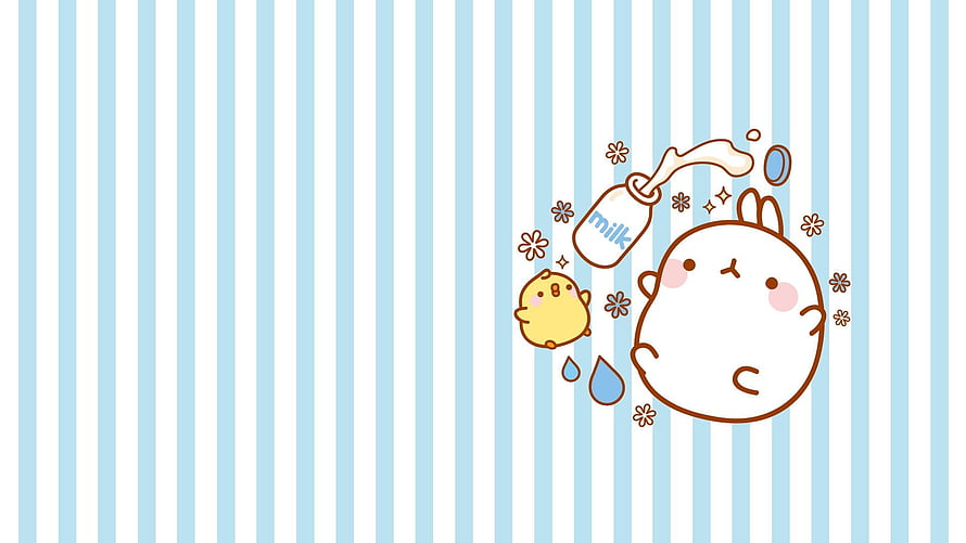 Cute Molang Rabbit and Duckling Drinking Milk on Blue Striped Background HD wallpaper