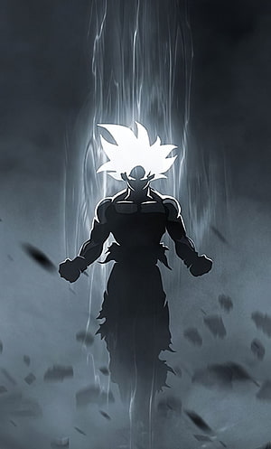 Silhouette of Goku in Ultra Instinct Form with Glowing White Aura and Floating Debris HD phone wallpaper