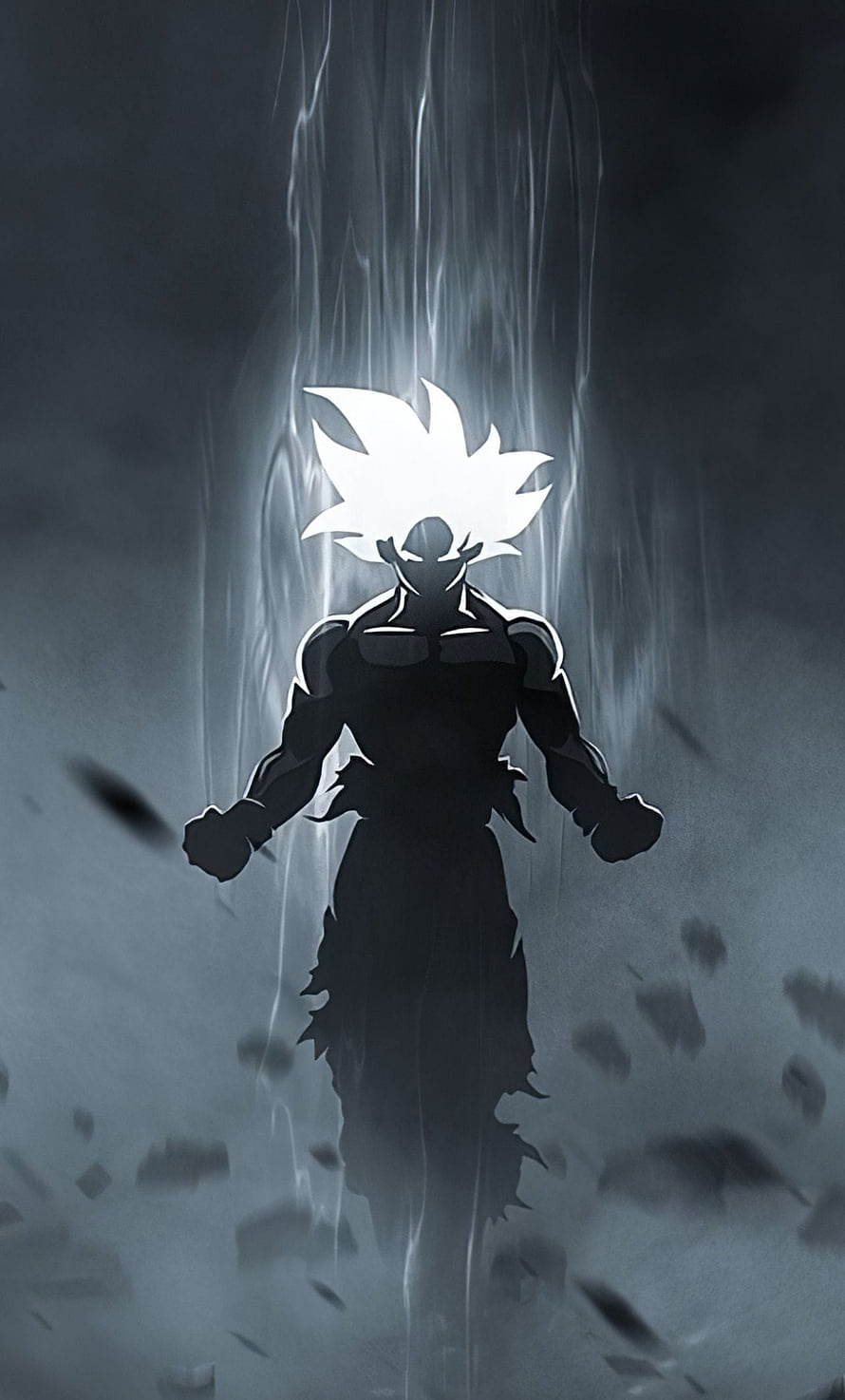 Silhouette of Goku in Ultra Instinct Form with Glowing White Aura and Floating Debris HD phone wallpaper
