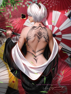 2B from Nier Automata with intricate back tattoo holding katana against red umbrellas HD phone wallpaper