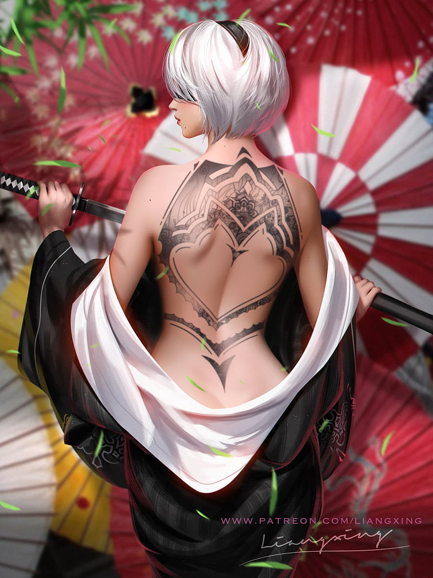 2B from Nier Automata with intricate back tattoo holding katana against red umbrellas HD phone wallpaper