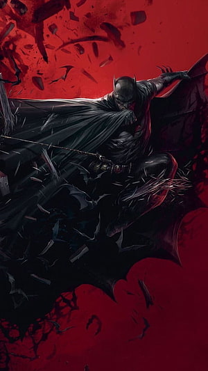 Batman in Dark Knight Armor with Flowing Cape Against Crimson Background, batman #darkknight #red #black #DC #DCcomics #Comics. Batman HD phone wallpaper