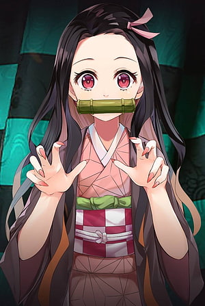 Nezuko Kamado from Demon Slayer in Pink Kimono with Bamboo Mouthpiece HD phone wallpaper