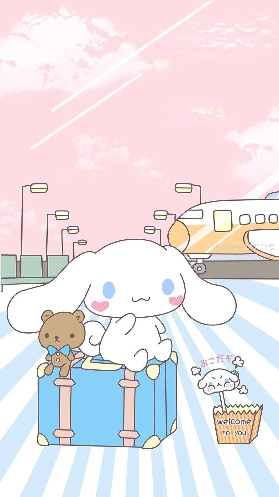 Cinnamoroll and Rilakkuma on a Blue Suitcase at the Airport with a Pink Sky HD phone wallpaper