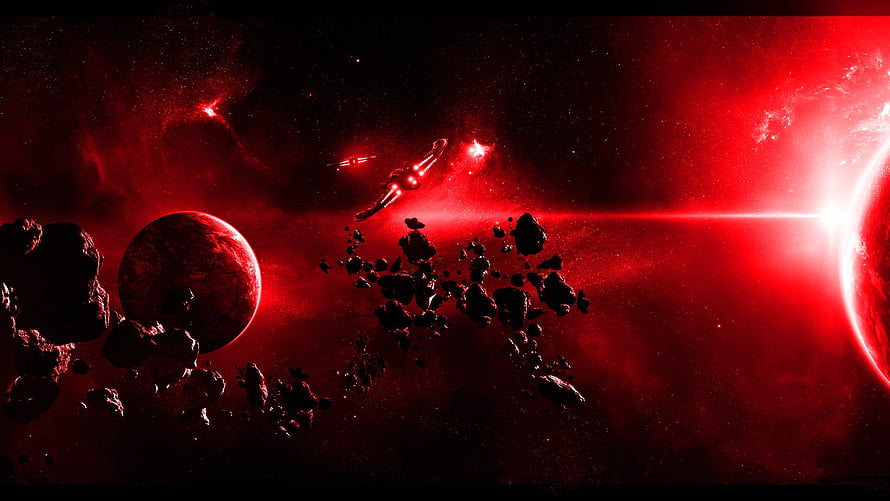 Red Space Nebula with Asteroids and Spaceship HD wallpaper