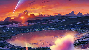 Anime Landscape With Shooting Star Over Lake And City At Sunset HD wallpaper