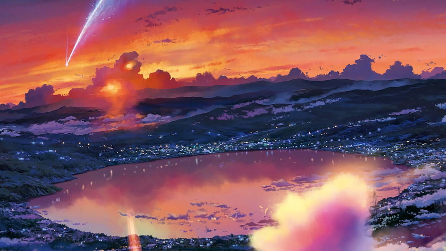 Anime Landscape With Shooting Star Over Lake And City At Sunset HD wallpaper